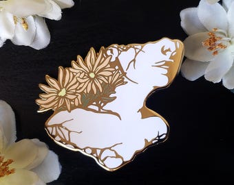 Romantic Gold Enamel Pin – 2.25″ Hard Enamel “Effigia” Pin, Fantasy Flower & Statuette Jewelry, Aesthetic Pin