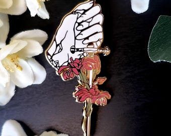 Dark Fantasy 2.5″Gold Hard Enamel Pin –“Sinistra” Dagger & Hand Gothic Floral Pin, Aesthetic Lapel Brooch, Alternative Gift