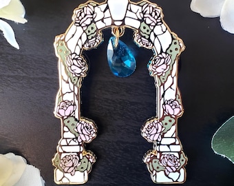 Romantic Gold Enamel Pin – 2.5″ Hard Enamel “Initium” Pin, Fantasy Floral Arch Jewelry, Aesthetic Pin