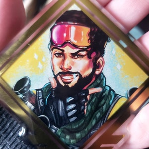 May include: A cartoon illustration of a character from the video game Apex Legends. The character is a man with a beard and a black and green outfit. He is wearing a pink and orange ski mask and is holding a gun. The background is a yellow and blue gradient.