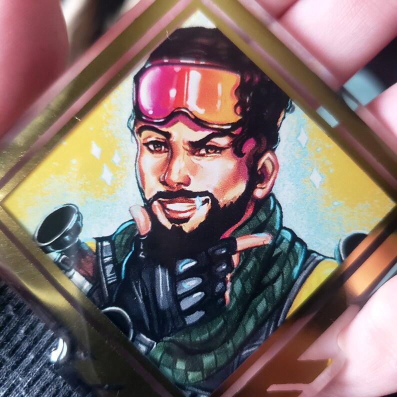 May include: A cartoon illustration of a character from the video game Apex Legends. The character is a man with a beard and a black and green outfit. He is wearing a pink and orange ski mask and is holding a gun. The background is a yellow and blue gradient.