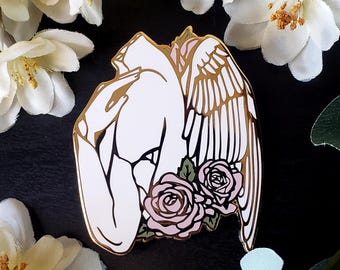 Cupid Angel Romantic Gold Enamel Pin – 2.5″ Hard Enamel “Psyche” Pin, Fantasy Flower & Statue Jewelry, Aesthetic Pin