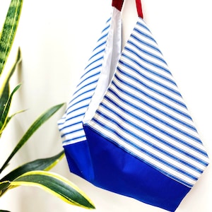Striped Tote Bag, Origami Tote Bag, Shoulder Bag, Boho Hobo Bag, Fabric Tote Bag, Cotton Tote Bag, Nautical Tote,  Blue White Bag