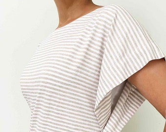 Wrap Top in Jersey Knit, Beige Striped Blouse, Ladies Wrap Blouse, Convertible Blouse, Women's Blouse, Jersey Knit Wrap Top,Striped Blouse