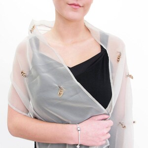Taupe Chiffon Scarf, Feather Scarf, Taupe  Scarf, Short Scarf, Beaded Scarf, Chiffon Scarf, Beige Scarf, Beige Stole Scarf, Beige Shawl