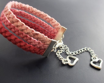 Pulsera de ante rosa, pulsera trenzada rosa, pulsera de corazón rosa, pulsera rosa, pulsera de encanto del corazón, pulsera trenzada, pulsera ombre, brazalete
