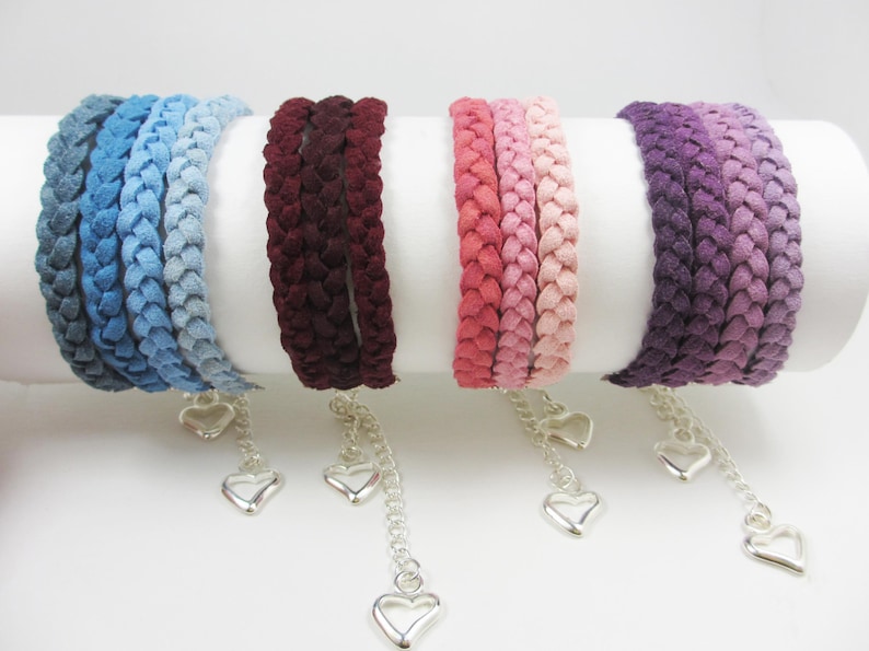 Pulsera azul, pulsera de ante azul, pulsera de encanto del corazón, brazalete trenzado, pulsera trenzada, brazalete de pulsera, pulsera ajustable, trenzado imagen 5