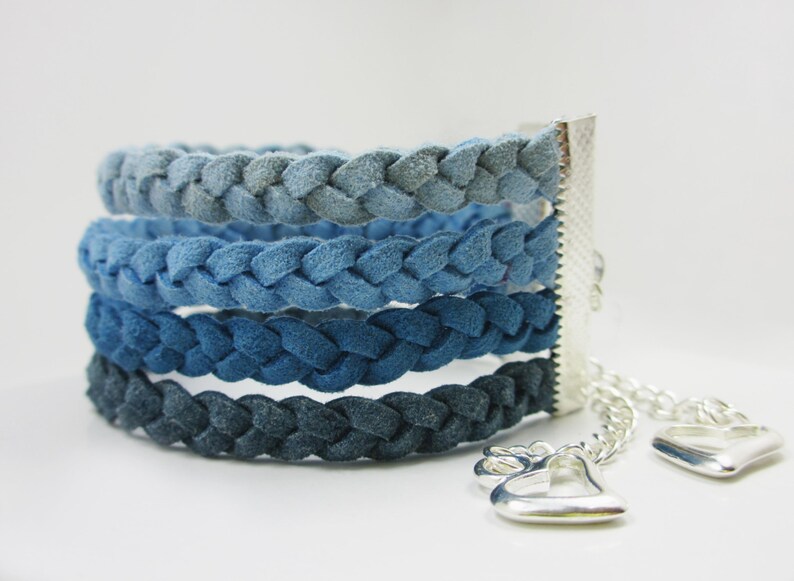 Pulsera azul, pulsera de ante azul, pulsera de encanto del corazón, brazalete trenzado, pulsera trenzada, brazalete de pulsera, pulsera ajustable, trenzado imagen 2