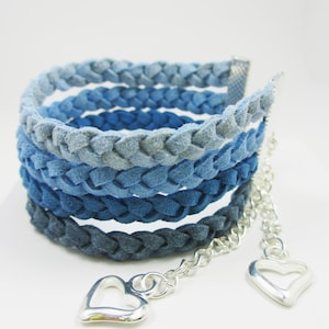 Blue Bracelet, Blue Suede Bracelet,Heart Charm Bracelet, Braided Bracelet Cuff, Braided Bracelet, Bracelet Cuff, Adjustable bracelet,Braided