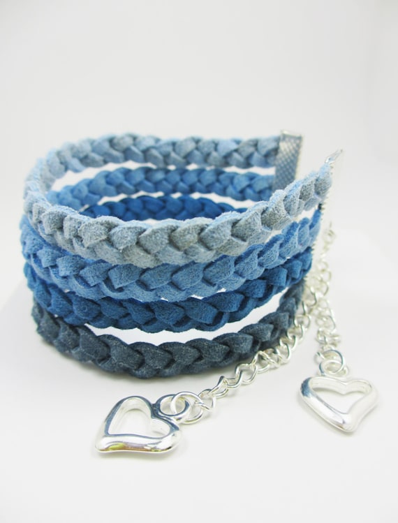 Blue Bracelet, Blue Suede Bracelet,Heart Charm Bracelet, Braided Bracelet Cuff, Braided Bracelet, Bracelet Cuff, Adjustable bracelet,Braided