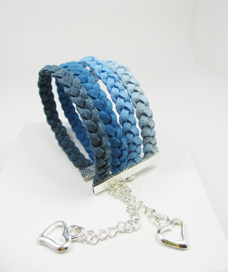 Pulsera azul, pulsera de ante azul, pulsera de encanto del corazón, brazalete trenzado, pulsera trenzada, brazalete de pulsera, pulsera ajustable, trenzado imagen 3