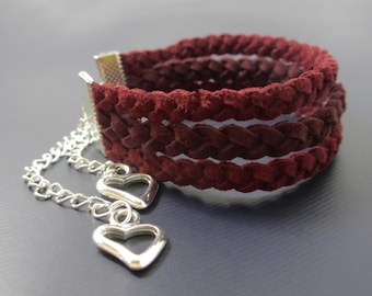 Borgoña Ombre pulsera, pulsera de gamuza, brazalete pulsera trenzada, corazón pulsera, pulsera único regalo, Borgoña rojo pulsera trenzada