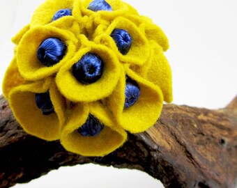 Yellow Brooch, Yellow Felt Flower, Yellow Flower Brooch, Felt Flower Brooch, Yellow Blue Brooch, Floral Brooch, Felt Brooch, Unique Brooch