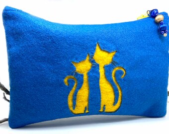 青い猫の財布、青い猫のリストレット、青い猫のバッグ、猫好きへのギフト、猫のリストレット、猫のクラッチ財布、青いクラッチ財布、青いフェルトクラッチバッグ