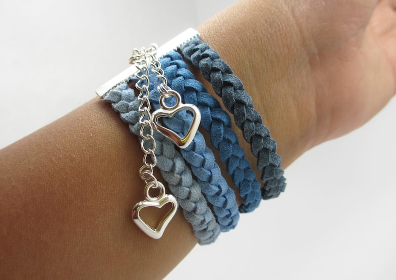 Pulsera azul, pulsera de ante azul, pulsera de encanto del corazón, brazalete trenzado, pulsera trenzada, brazalete de pulsera, pulsera ajustable, trenzado imagen 4