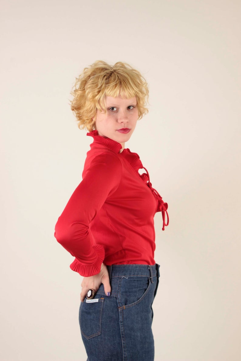 70s Bright Red Long Sleeve Ruffled Blouse By Rhoda Lee Size 8