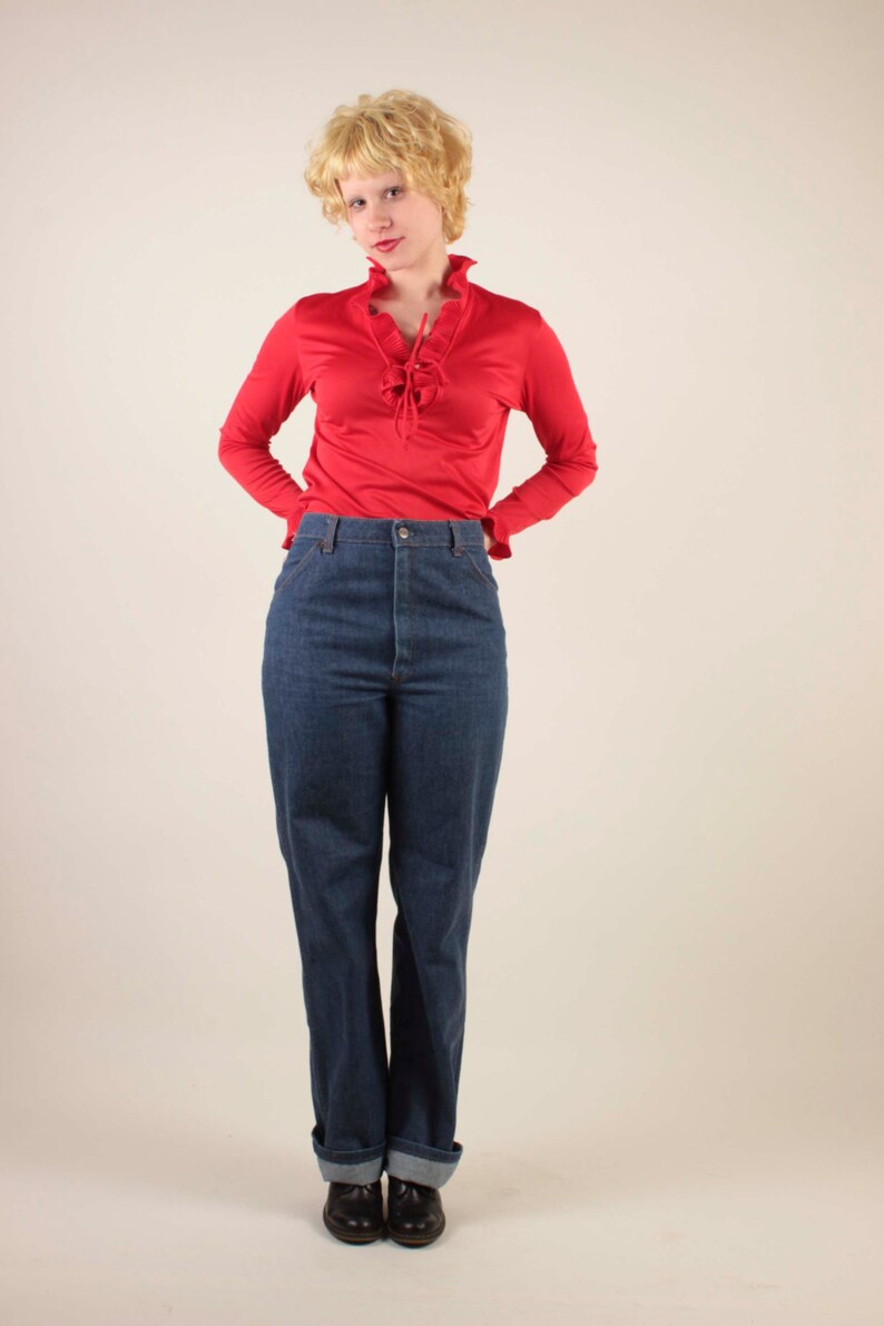 70s Bright Red Long Sleeve Ruffled Blouse By Rhoda Lee Size 8
