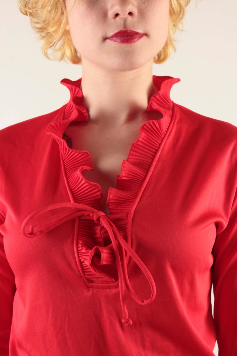 70s Bright Red Long Sleeve Ruffled Blouse By Rhoda Lee Size 8