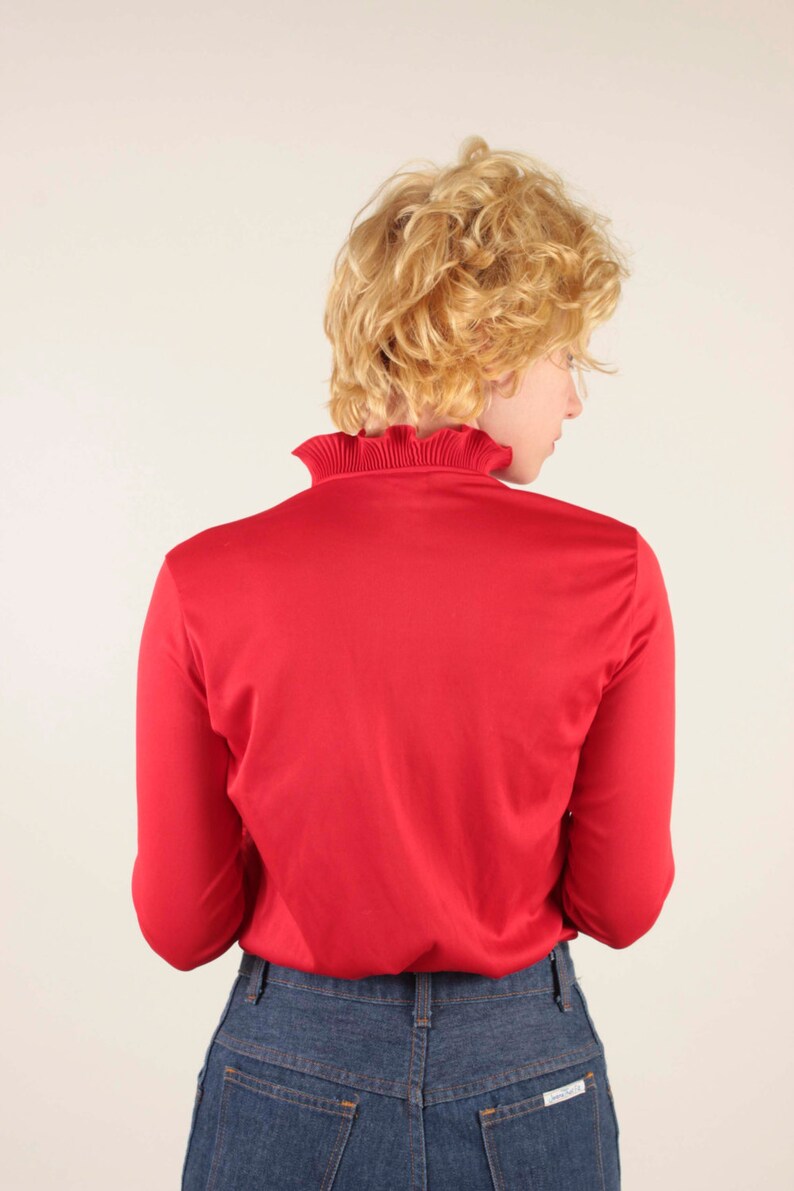 70s Bright Red Long Sleeve Ruffled Blouse By Rhoda Lee Size 8