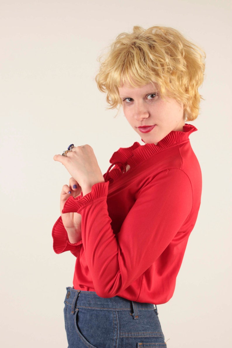 70s Bright Red Long Sleeve Ruffled Blouse By Rhoda Lee Size 8