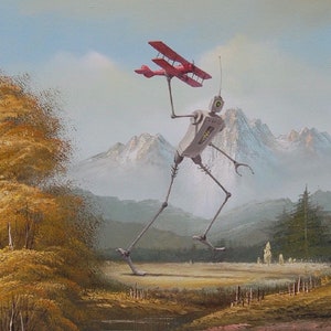Stampa cartolina 4" x 6", "Bot con biplano" Arte modificata del negozio dell'usato