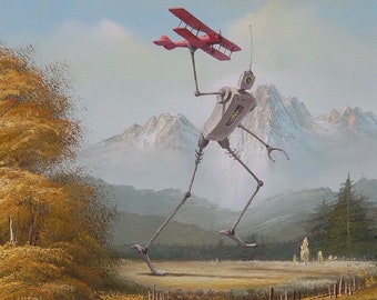 4&quot; by 6&quot; postcard print, &quot;Bot with Biplane&quot; Altered Thrift Store Art