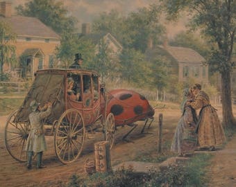 May include: A vintage illustration of a horse-drawn carriage pulled by a giant ladybug. The carriage is labeled "U.S. Mail" and is being driven by a man in a top hat. Two women in long dresses are standing on the sidewalk, watching the carriage go by.