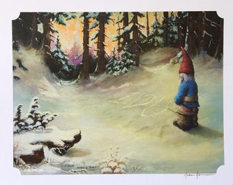 May include: A whimsical print depicts a garden gnome in a snowy forest scene. The gnome, wearing a red hat and blue jacket, is urinating in the snow, creating a whimsical design. The background features snow-covered trees and a colorful sunset.
