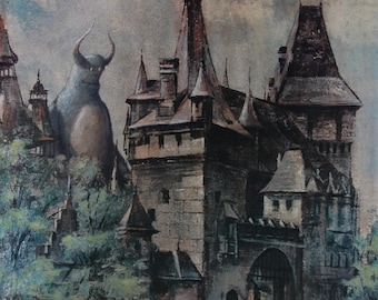 4" by 6" postcard print, "Castle Monster" Altered Thrift Store Art