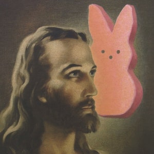 Impressão de cartão postal de 4" por 6", arte alterada de brechó "Jesus e o Espírito Santo"