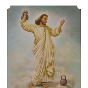 8" by 10" print, "Kettlebell Jesus" Altered Thrift Store Art