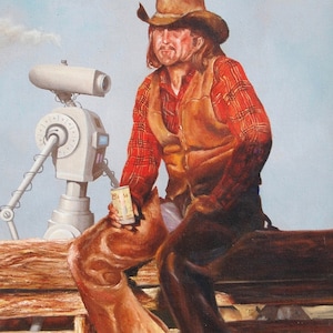 Impressão de cartão postal de 4" por 6", arte alterada de brechó "Cowboy and Bot"