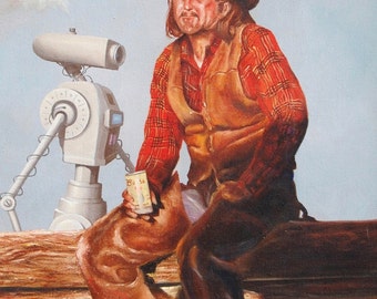 4" by 6" postcard print, "Cowboy and Bot" Altered Thrift Store Art