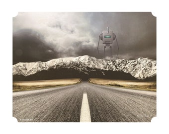 May include: A long, straight road leads towards a snowy mountain range. A large, metallic robot stands in the middle of the road, facing the mountains.