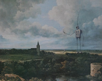 May include: An artistic landscape painting featuring a tall, slender robot figure with a box-shaped head and long legs. The robot stands in a field, with a church and a cloudy sky in the background. The artwork has a surreal, dreamlike quality.