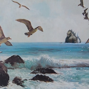 Impression de carte postale de 10 x 15 cm, oeuvre d'art modifiée « Godzilla »
