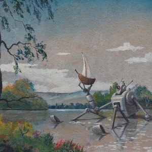 Impressão de cartão postal de 4" por 6", arte alterada de brechó "Swimming Bot"