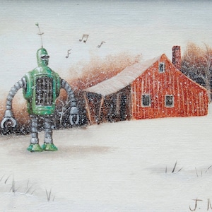 Impressão de cartão postal de 4" por 6", "Whistling Snow Bot" Arte alterada de loja de artigos usados
