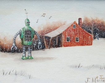 4" by 6" postcard print, "Whistling Snow Bot" Altered Thrift Store Art