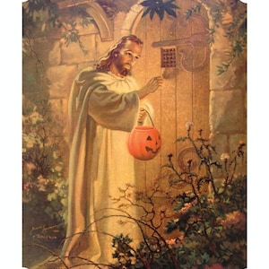 8" by 10" print, "Trick-Or-Treat Jesus" Altered Thrift Store Art