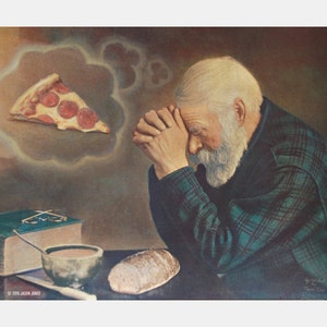 8" by 10" print, "Pizza Prayer" Altered Thrift Store Art