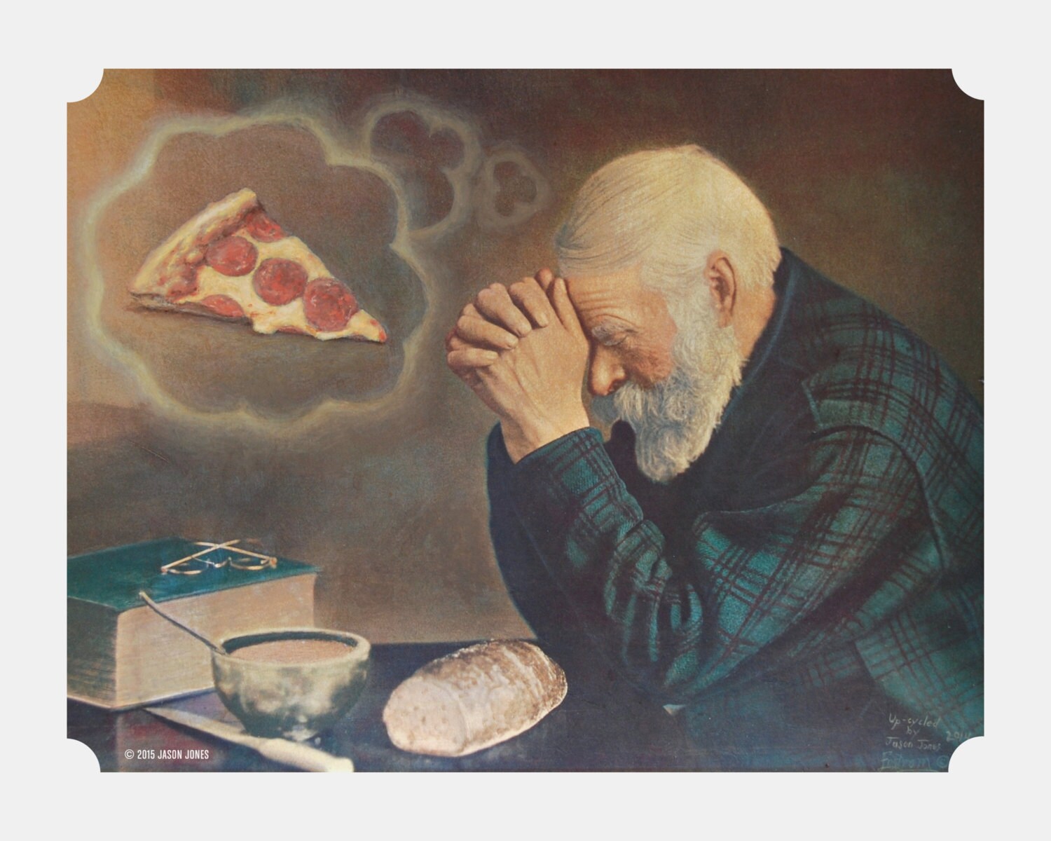 8" by 10" print, "Pizza Prayer" Altered Thrift Store Art