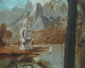 4" by 6" postcard print, "Sailboat Bot" Altered Thrift Store Art