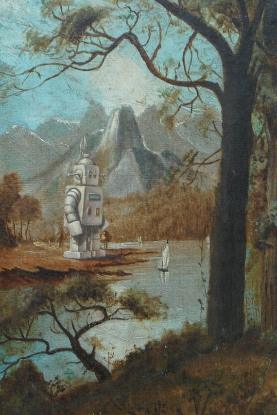 4" by 6" postcard print, "Sailboat Bot" Altered Thrift Store Art