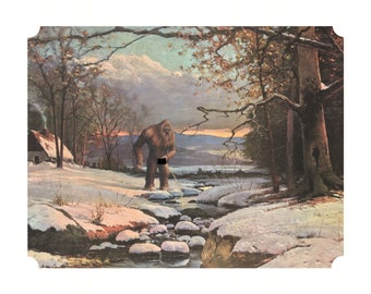 Bigfoot Art Print: Altered Vintage Painting, Humorous Sasquatch Decor (8x10)