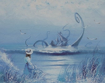 Victorian Girl with Kraken: Altered Thrift Store Art, 4x6 postcard print