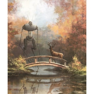 8" by 10" print, "Bot with Deer" Altered Thrift Store Art