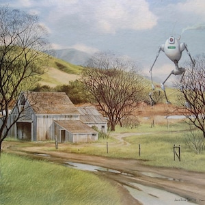 Impressão de cartão postal de 4" por 6", arte alterada de brechó "Winter Farm Bot"