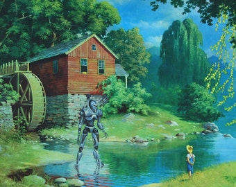 May include: A silver robot stands in a stream in front of a red wooden house with a water wheel. A young person in a straw hat stands on the bank of the stream.