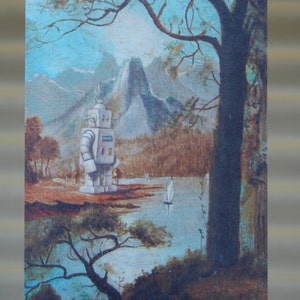 K&ouml;nnte beinhalten: Eine Vintage-Postkarte mit einem Roboter, der in einem See mit Bergen im Hintergrund steht. Der Roboter ist aus Metall und hat ein blaues, gelbes und rotes Farbschema. Die Postkarte ist in Aquarelltechnik gemalt.